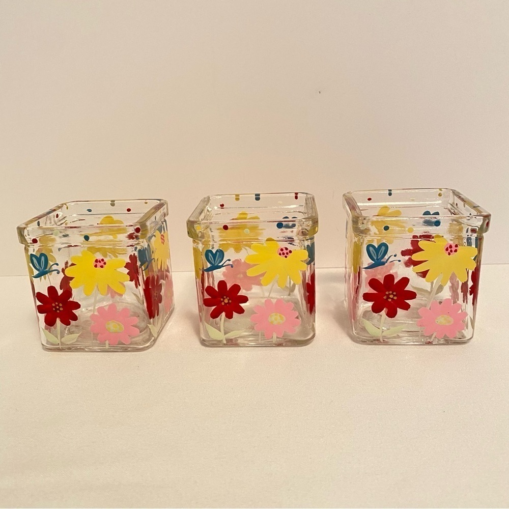 Hand Painted Glass Votive Candle Holder Floral Set Of 3